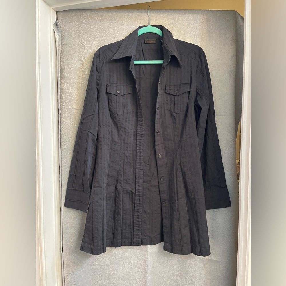 Women’s long, black button up dress shirt